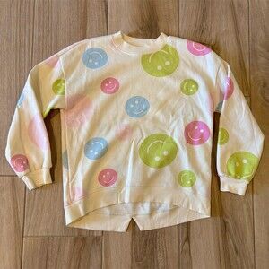 Old Navy Girls Sweatshirt XL (14-16) Ivory Smiley Face Allover Print
